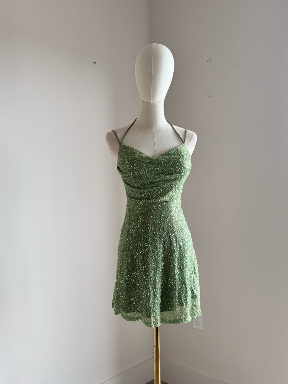 Windsor Sage Green Sequined Beaded Halter Mini Dress XS